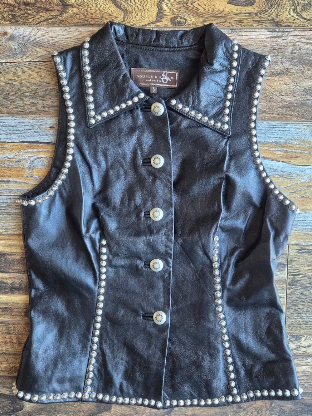 Double D Rance 100% Leather Studded Western Vest Silver Button Black - Picture 10 of 16